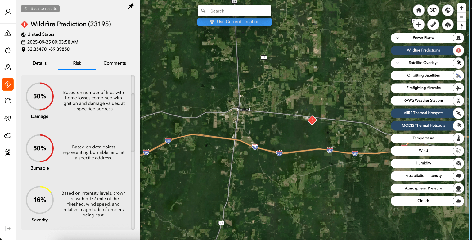 A FireWatch&trade; wildfire prediction screen: a mapped fire location with damage, burnable, and severity risk scores alongside satellite and weather layers.