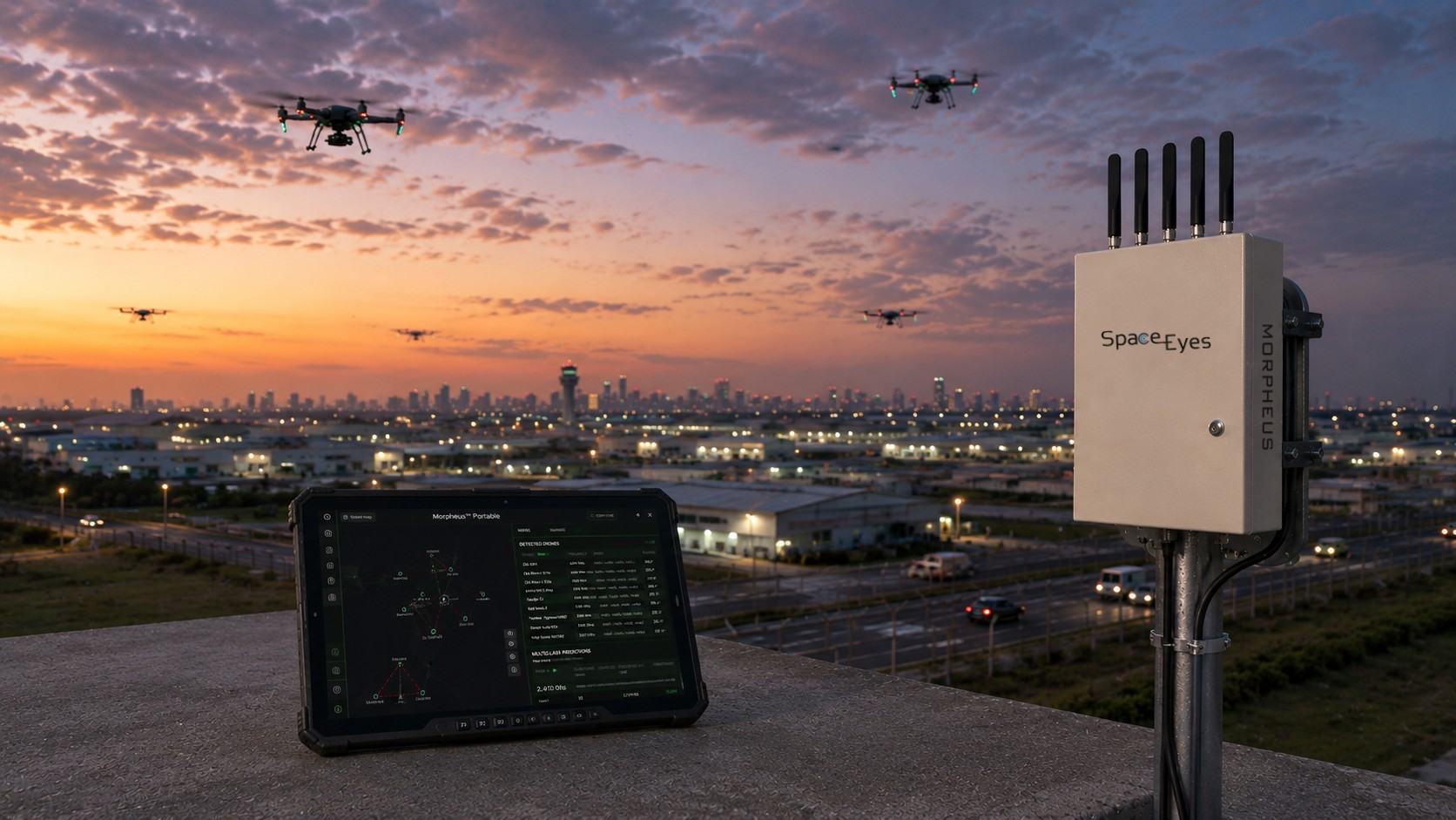 夕暮れの市街地を見下ろす屋上に設置された MORPHEUS のRFセンサーノードと、検知したドローンの一覧を表示する堅牢型タブレット。上空を複数のドローンが飛行している。
